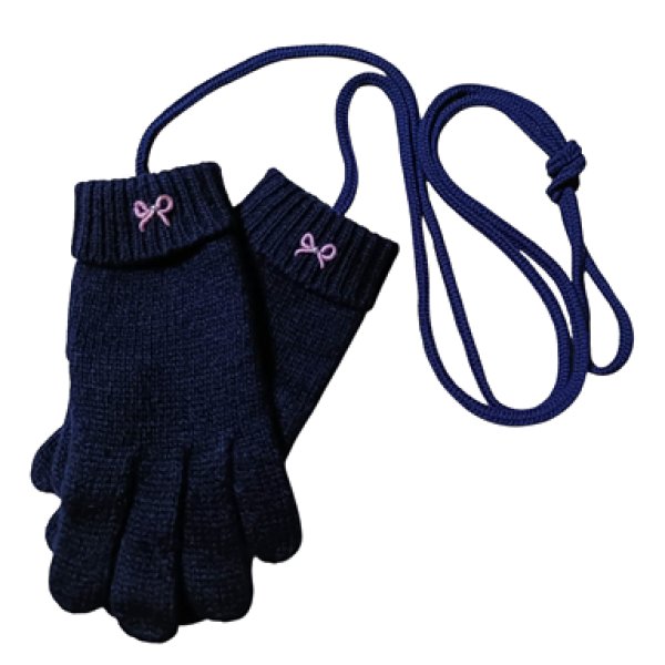 画像2: ※紐付き※キッズニット手袋【紺】M　ピンクリボン (2)