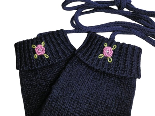 画像1: ※紐付き※キッズニット手袋【紺】M　ピンクバラ (1)