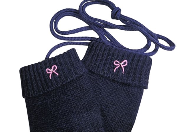 画像1: ※紐付き※キッズニット手袋【紺】L　ピンクリボン (1)