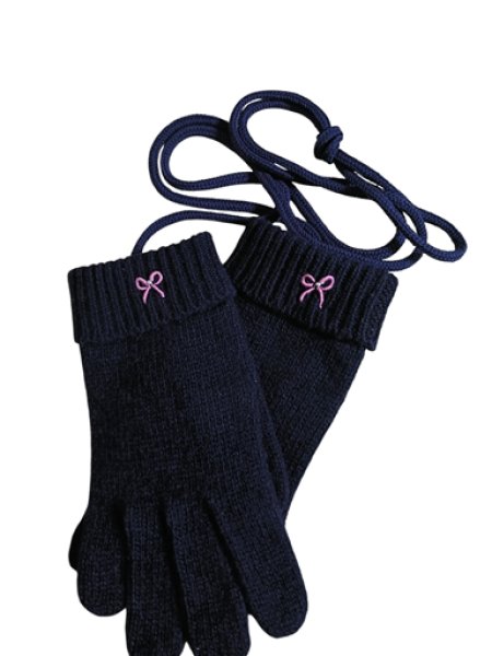 画像2: ※紐付き※キッズニット手袋【紺】L　ピンクリボン (2)